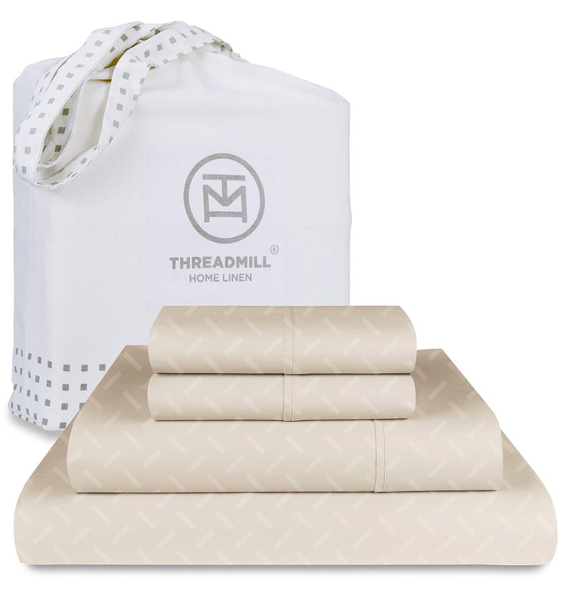 Threadmill مجموعة ملاءات قطنية كاملة الحجم من Threadmill | ملاءات قطنية 100% للسرير بالحجم الكامل | طقم ملاءات سرير كاملة من الجاكار الدمشقي مع 16 جيبًا عميقًا | طقم سرير تبريد من 4 قطع من نسيج الساتين الناعم | البيج - Image 1